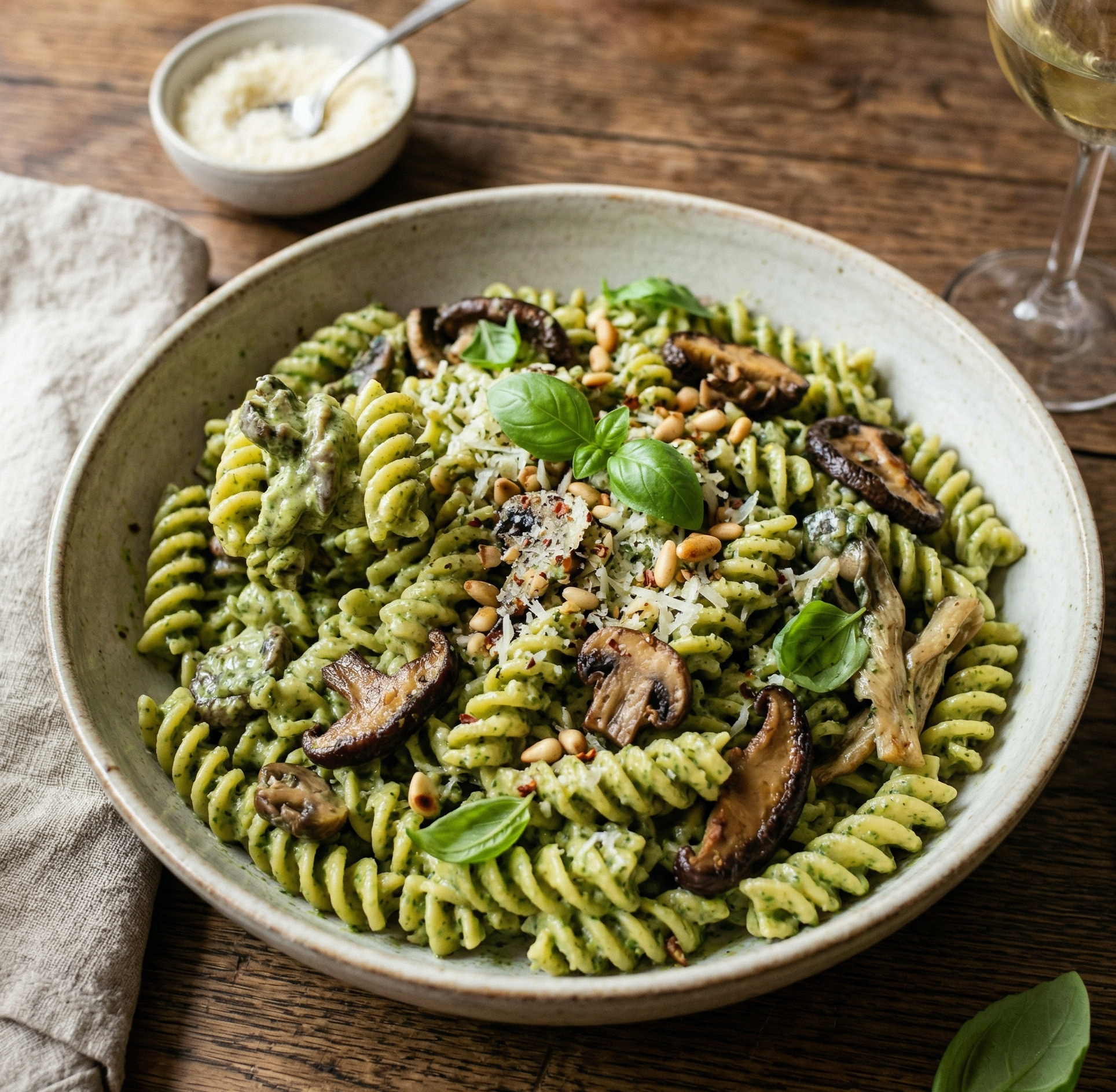 Cremige Pesto-Fusilli mit dreierlei Pilzen