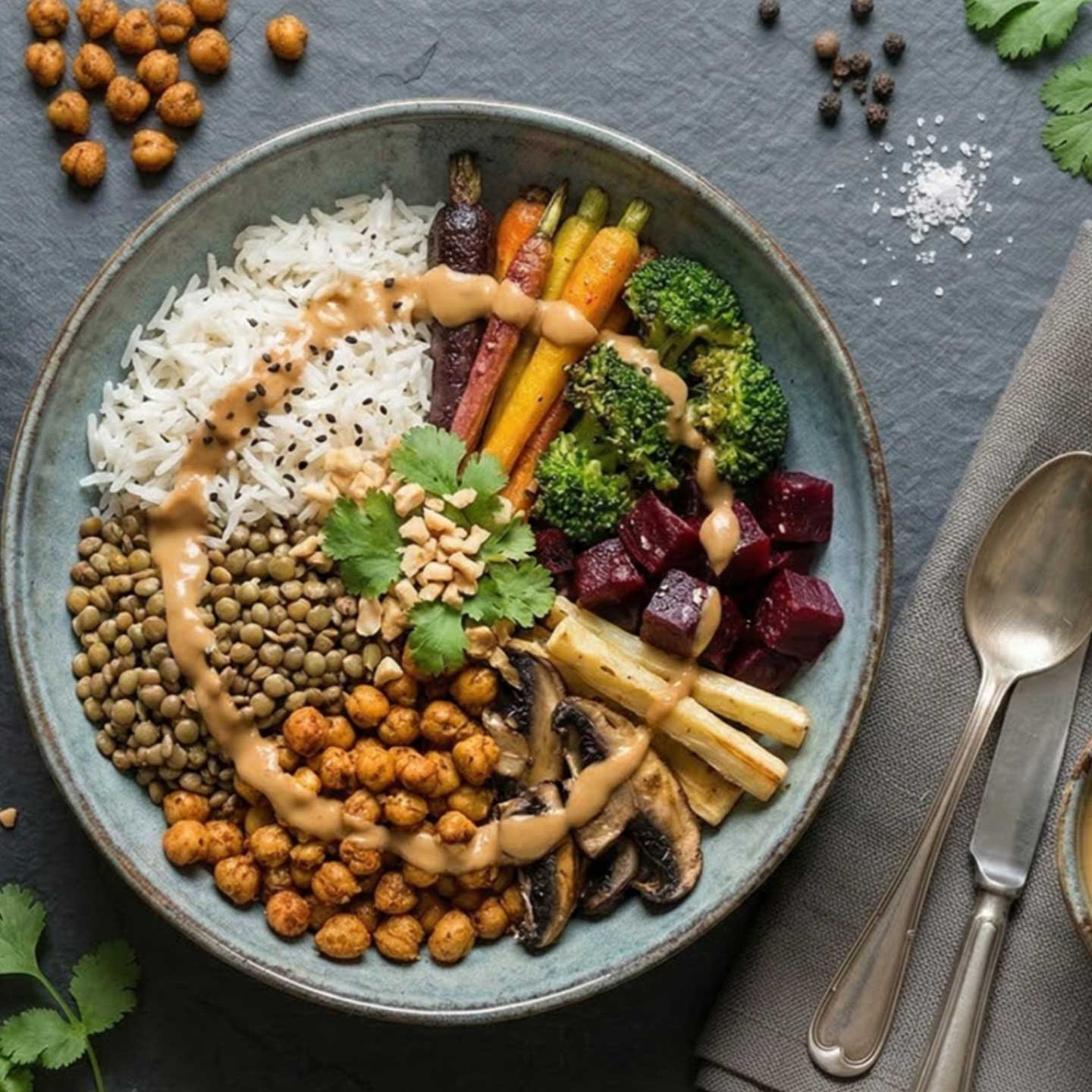 Bunte Linsenbowl mit Erdnuss-Dressing