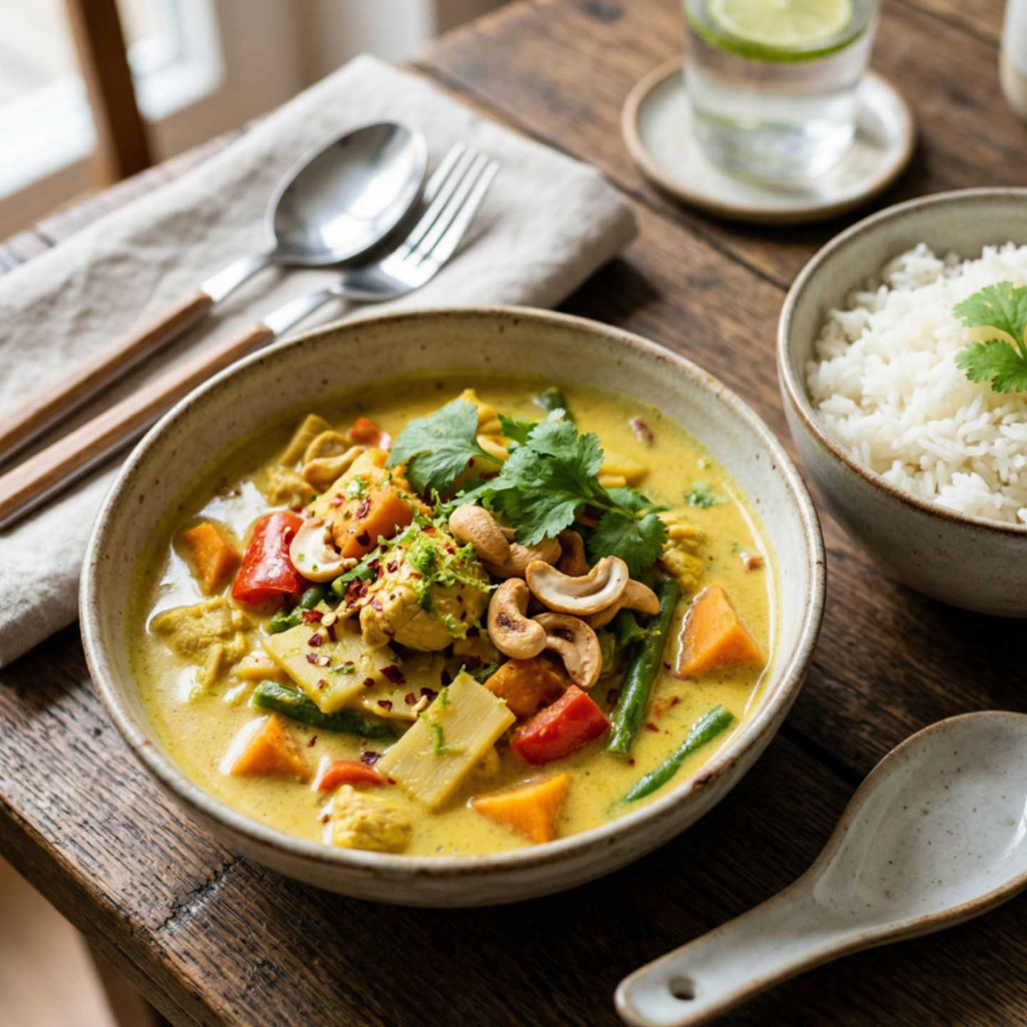 Gelbes Kokos-Cashew-Curry mit Jasminreis