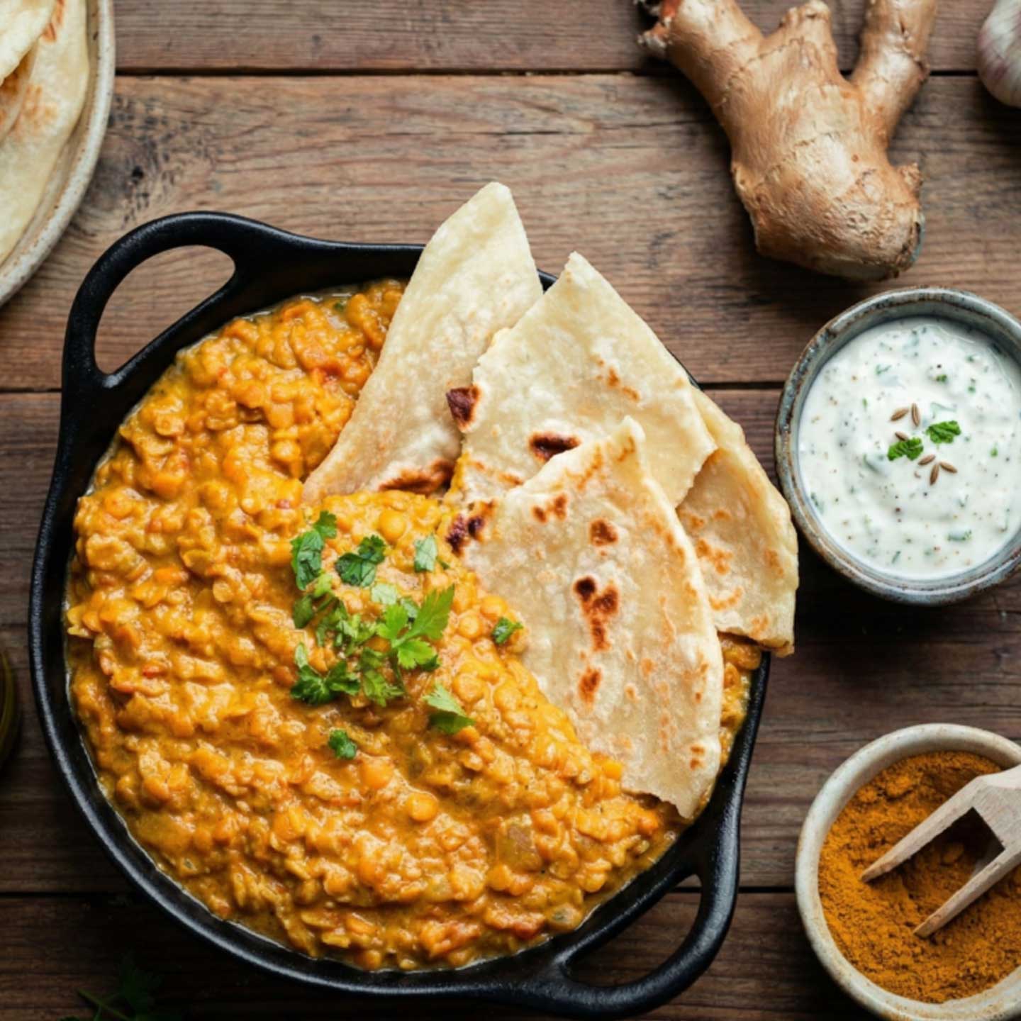 Linsencurry mit Fladenbrot und Joghurt-Dip